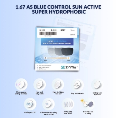 Tròng đổi màu khói Zinmy 1.67 BLUE CONTROL SUN ACTIVE SUPER HYDROPHOBIC